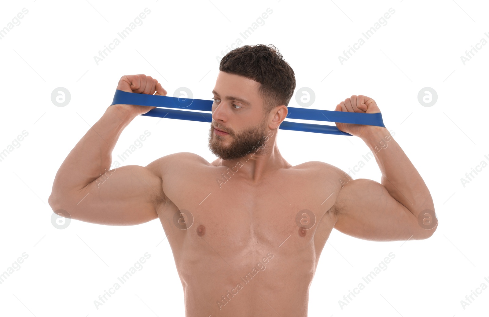 Photo of Young man exercising with elastic resistance band on white background