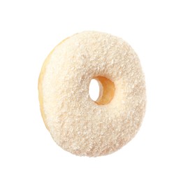 Photo of Sweet tasty glazed donut decorated with coconut powder isolated on white