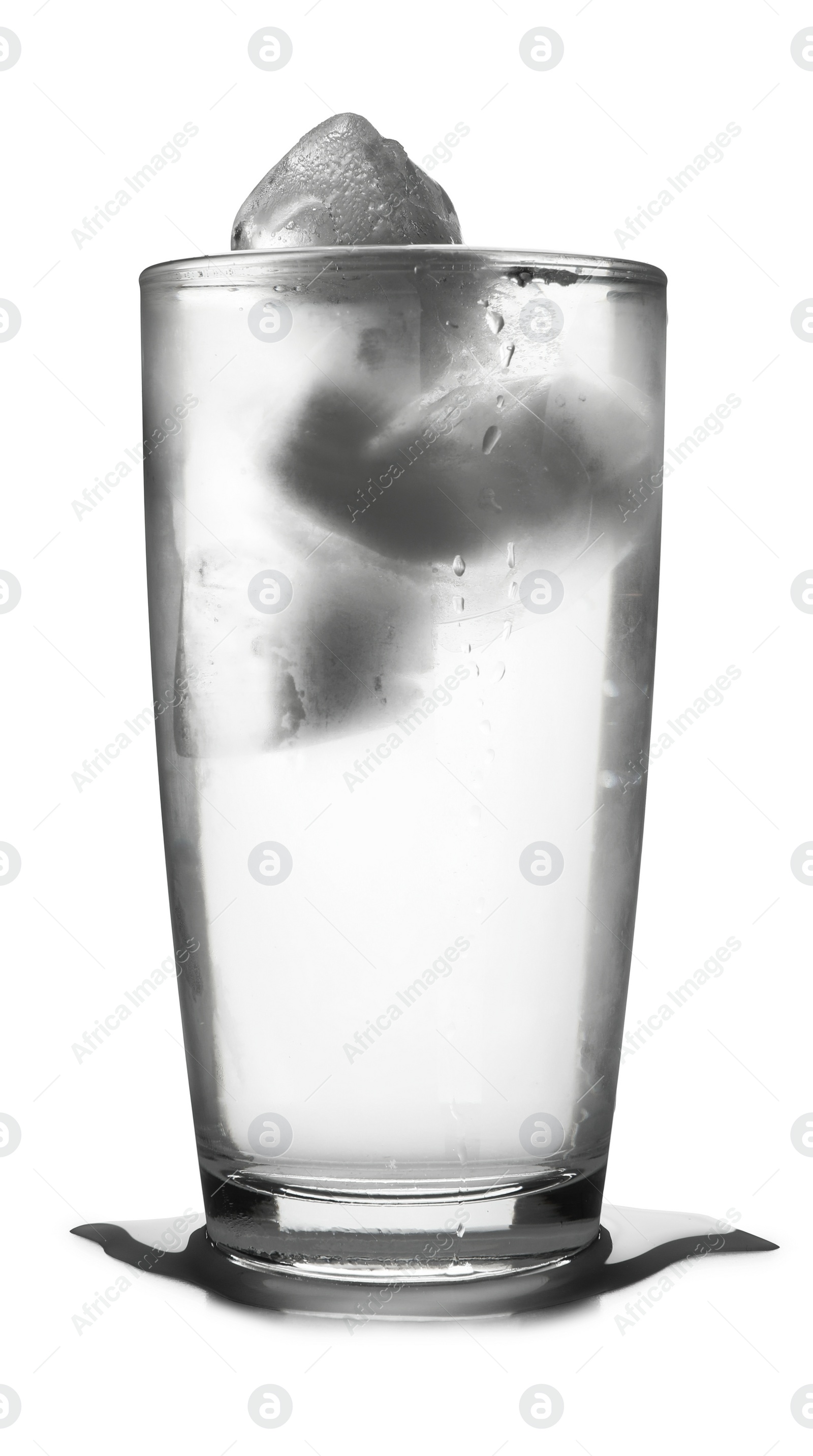 Photo of Glass of cold clear water with ice on white background. Refreshing drink