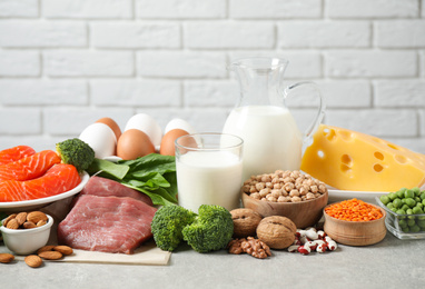 Different products rich in protein on light table