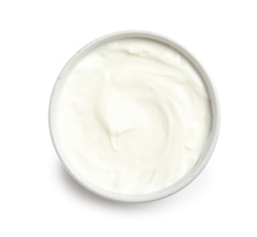 Photo of Bowl with creamy yogurt on white background, top view