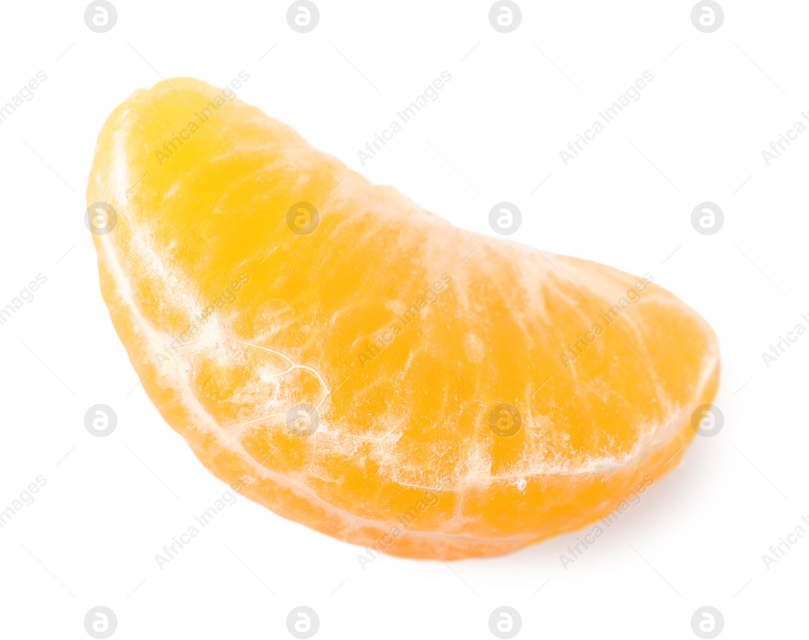 Photo of Piece of peeled fresh ripe tangerine isolated on white, top view