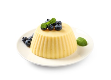 Delicious semolina pudding with blueberries isolated on white