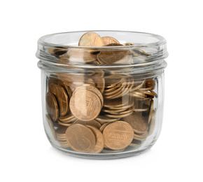 Photo of Glass jar with coins isolated on white