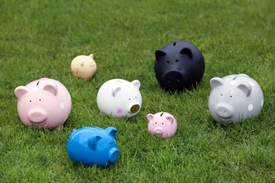 Photo of Different piggy banks on green grass outdoors