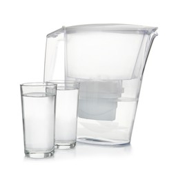 Filter jug and glasses with purified water on white background