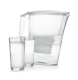 Photo of Filter jug and glasses with purified water on white background