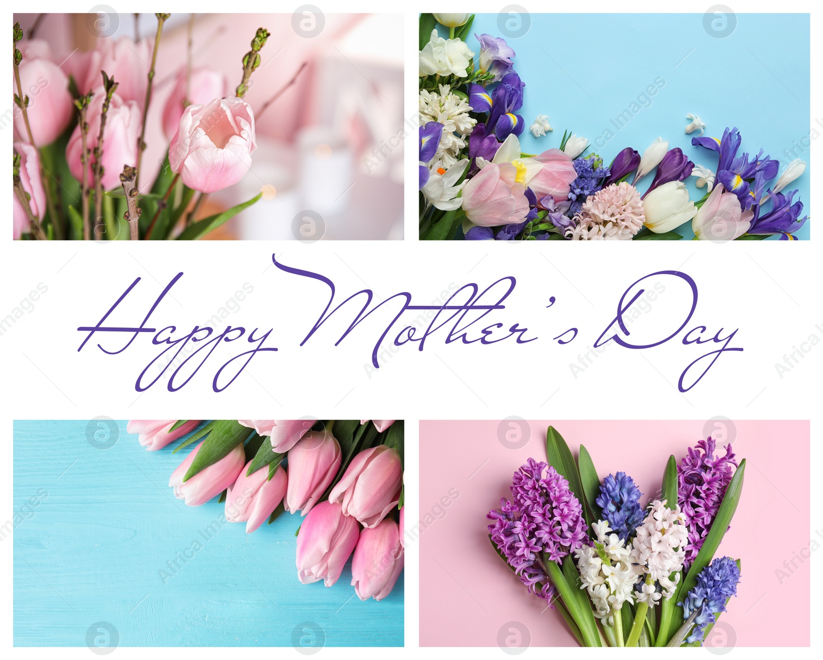 Image of Collage with photos of beautiful flowers and text Happy Mother's Day