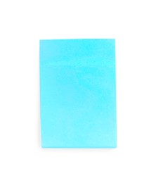 Blank light blue sticky note on white background, top view