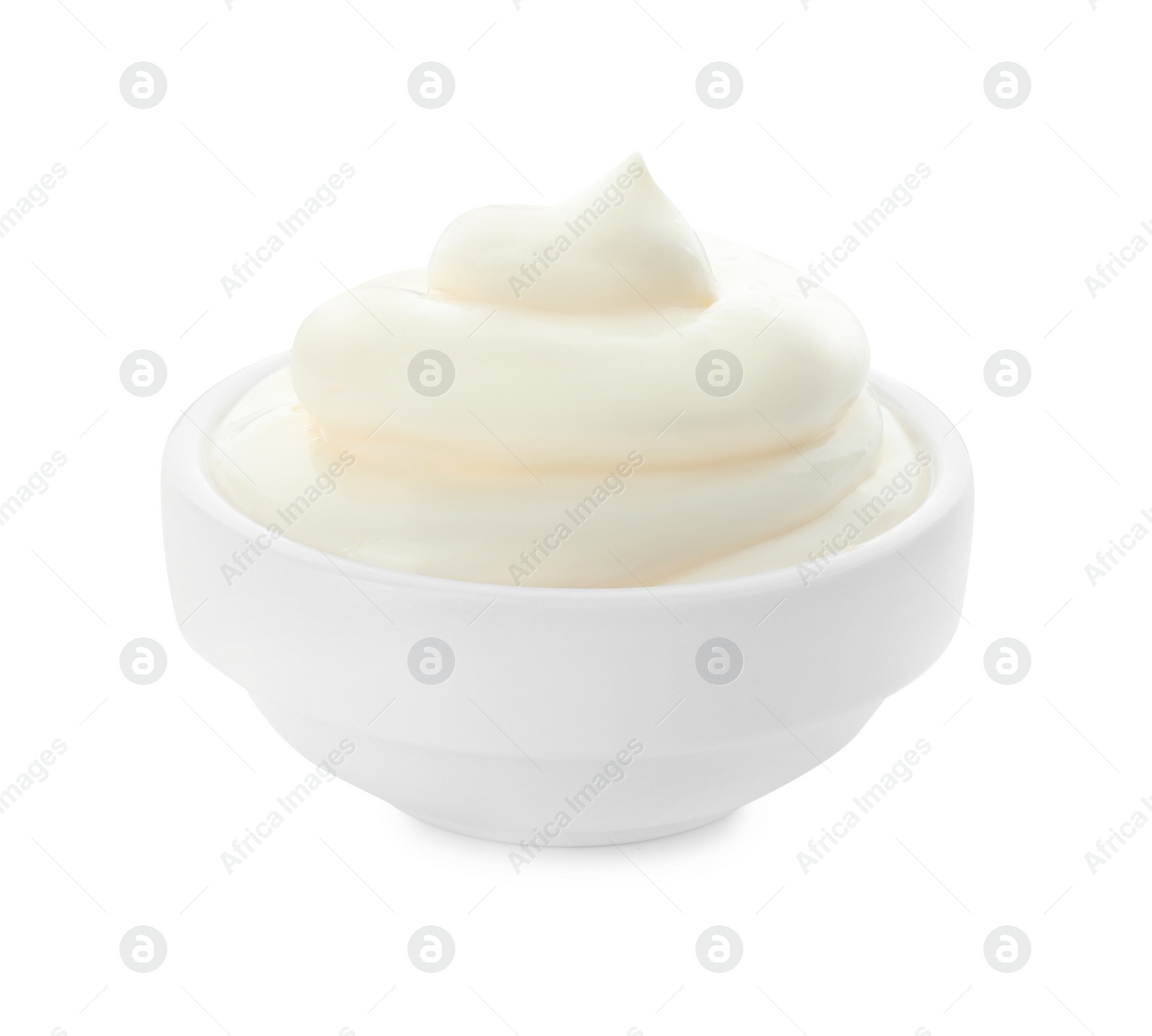 Photo of Tasty fresh mayonnaise sauce in bowl isolated on white