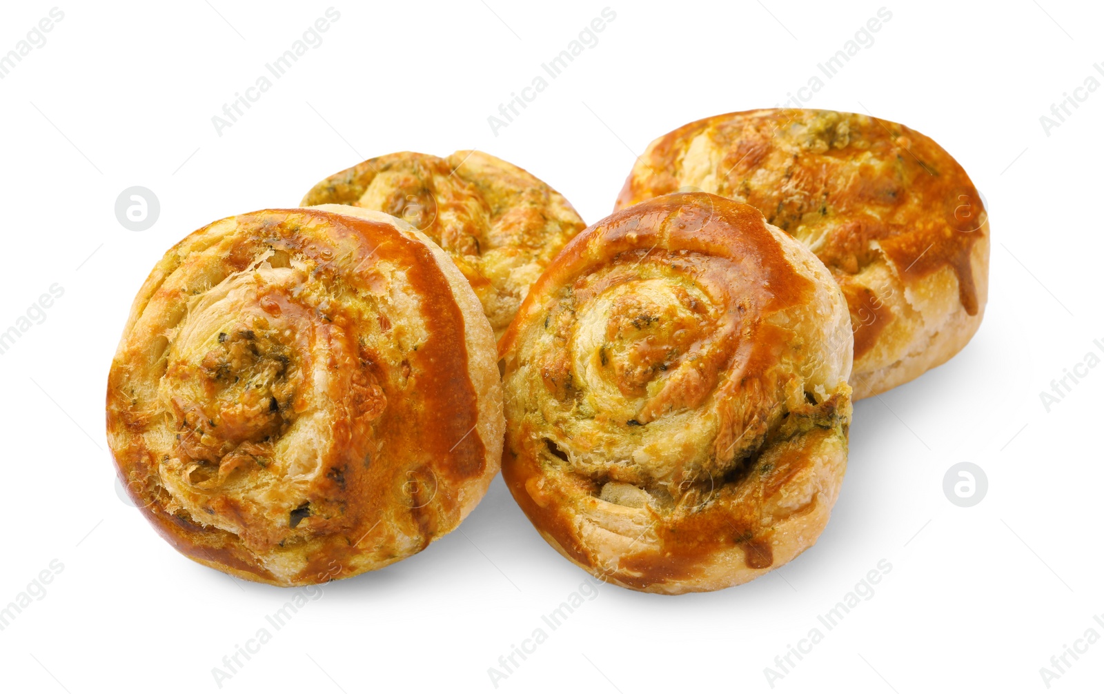 Photo of Fresh delicious puff pastry with tasty filling on white background