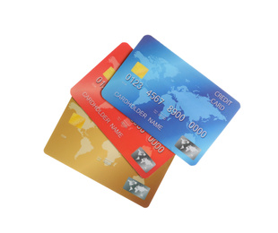 Photo of Different plastic credit cards on white background