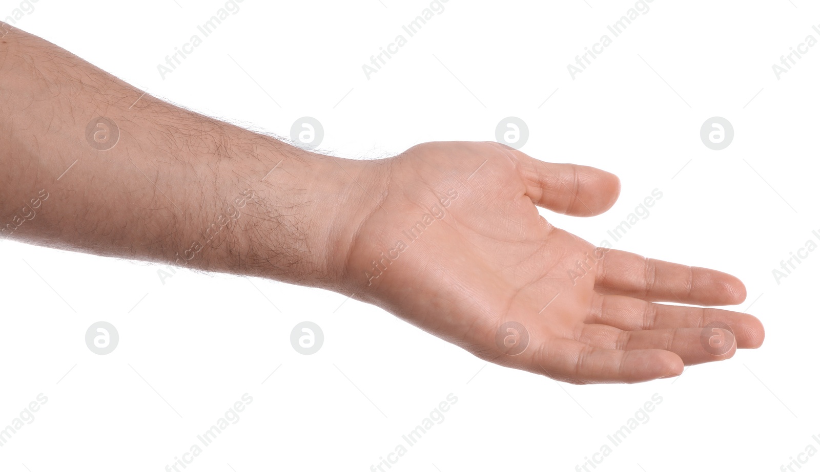Photo of Man showing hand on white background, closeup