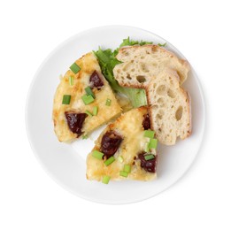 Photo of Tasty sausage casserole with green onion and bread isolated on white, top view