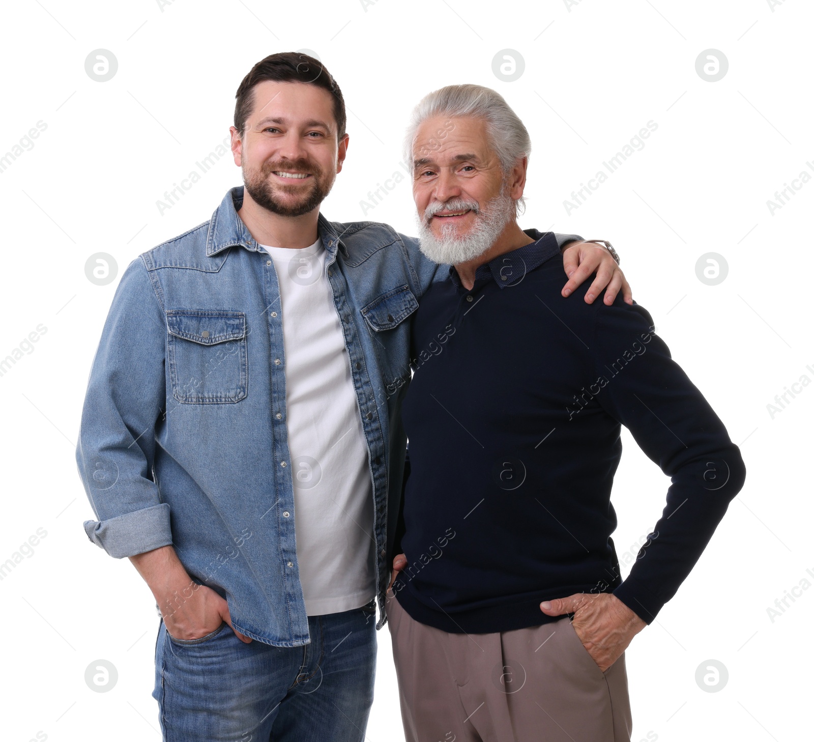 Photo of Happy son and his dad on white background