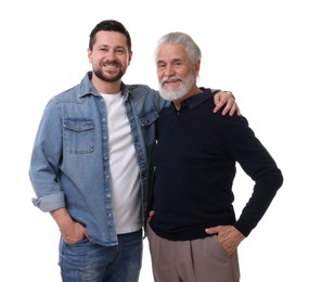 Happy son and his dad on white background