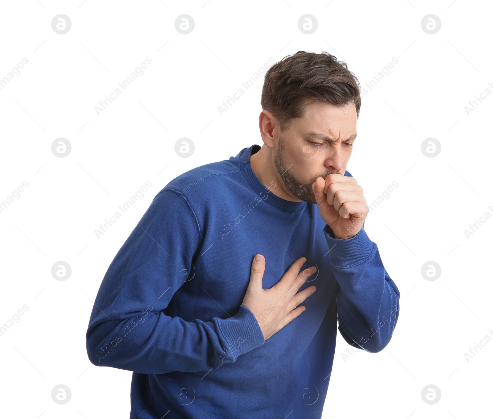 Photo of Man suffering from cough isolated on white