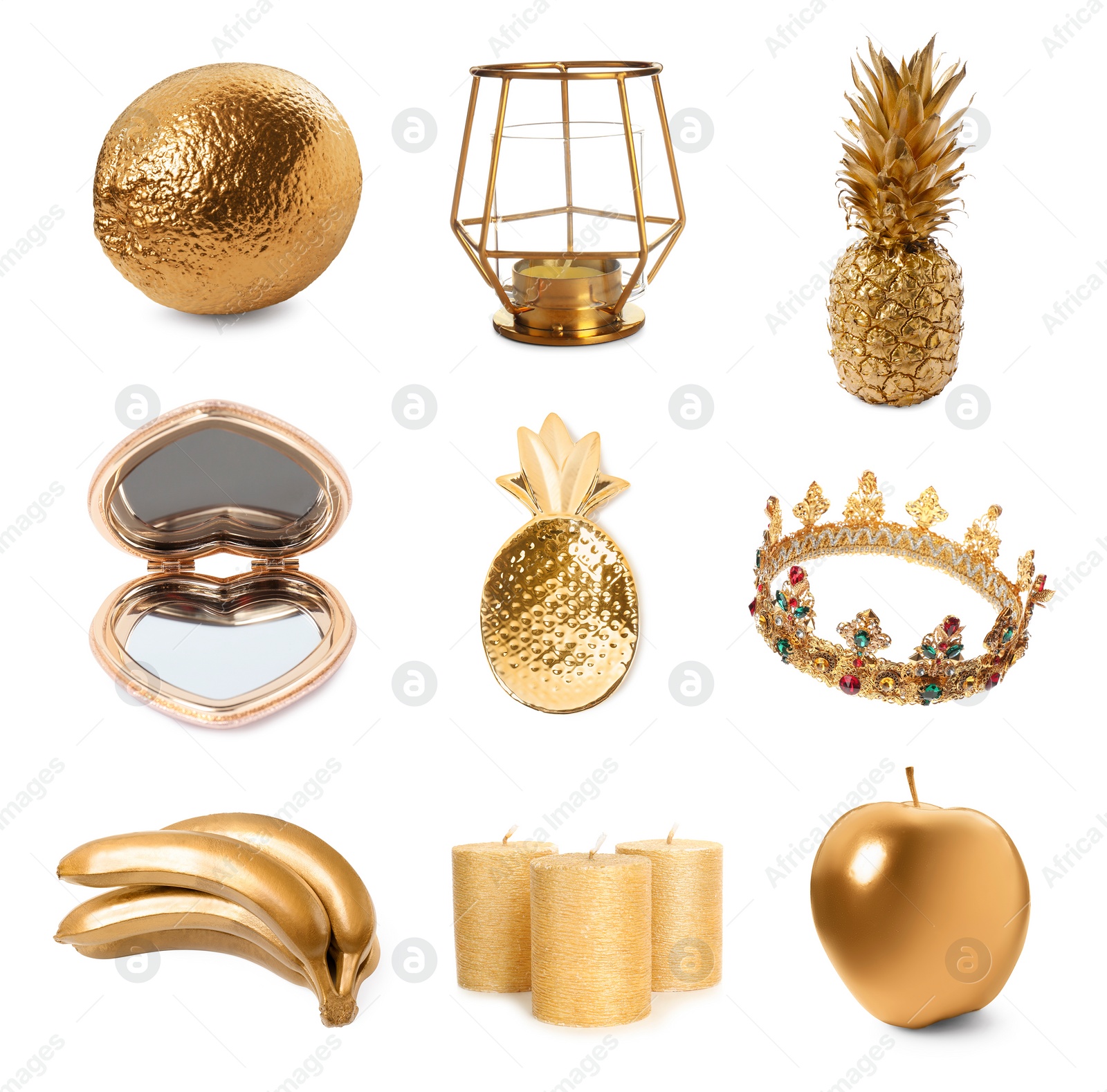 Image of Set of different items in gold color on white background