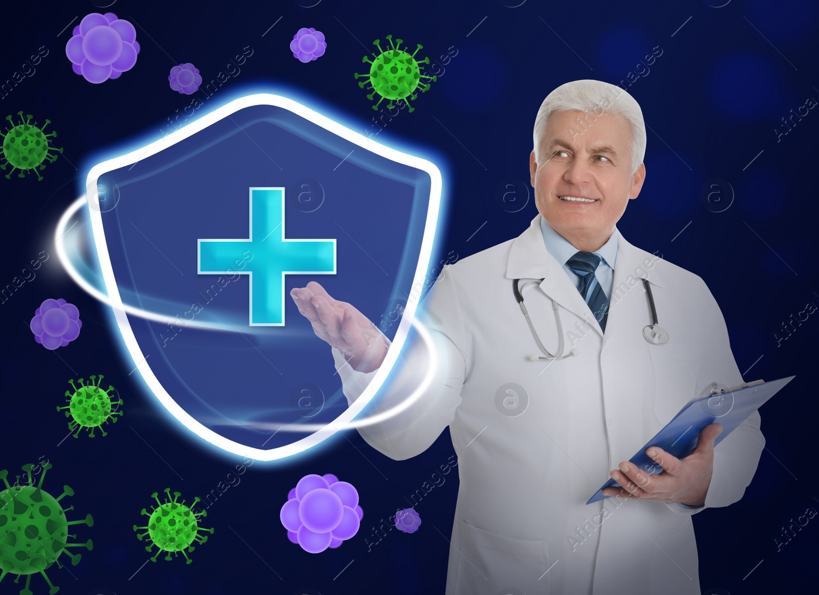 Image of Immunologist and shield with cross as symbol of virus protection on blue background