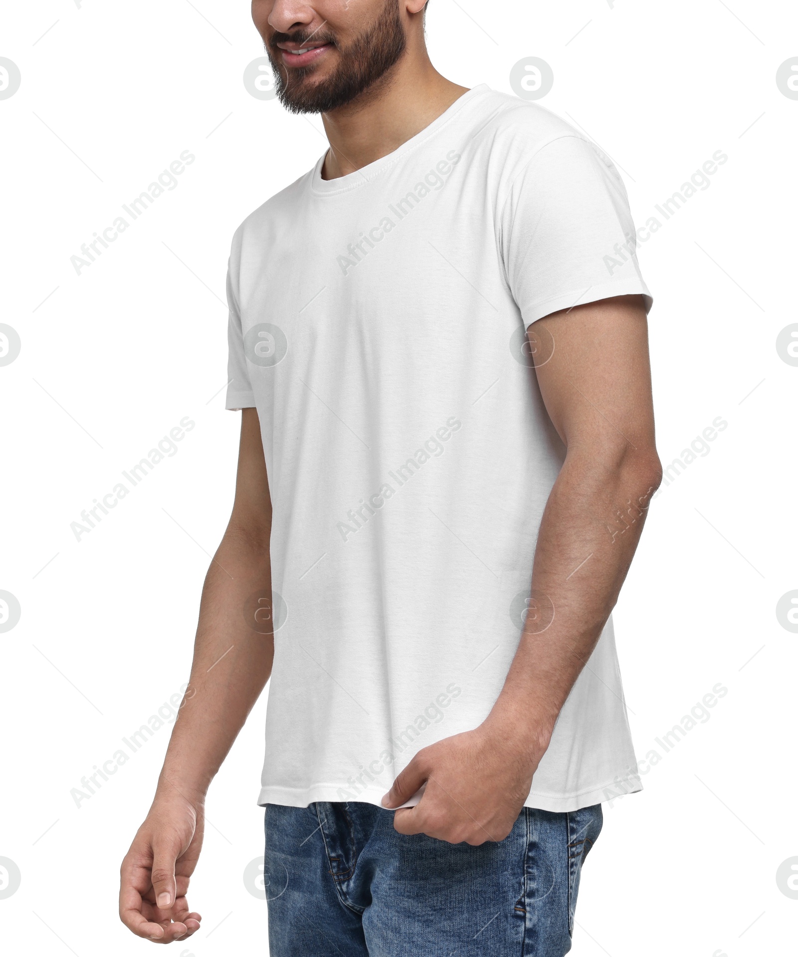 Photo of Smiling man in t-shirt on white background, closeup