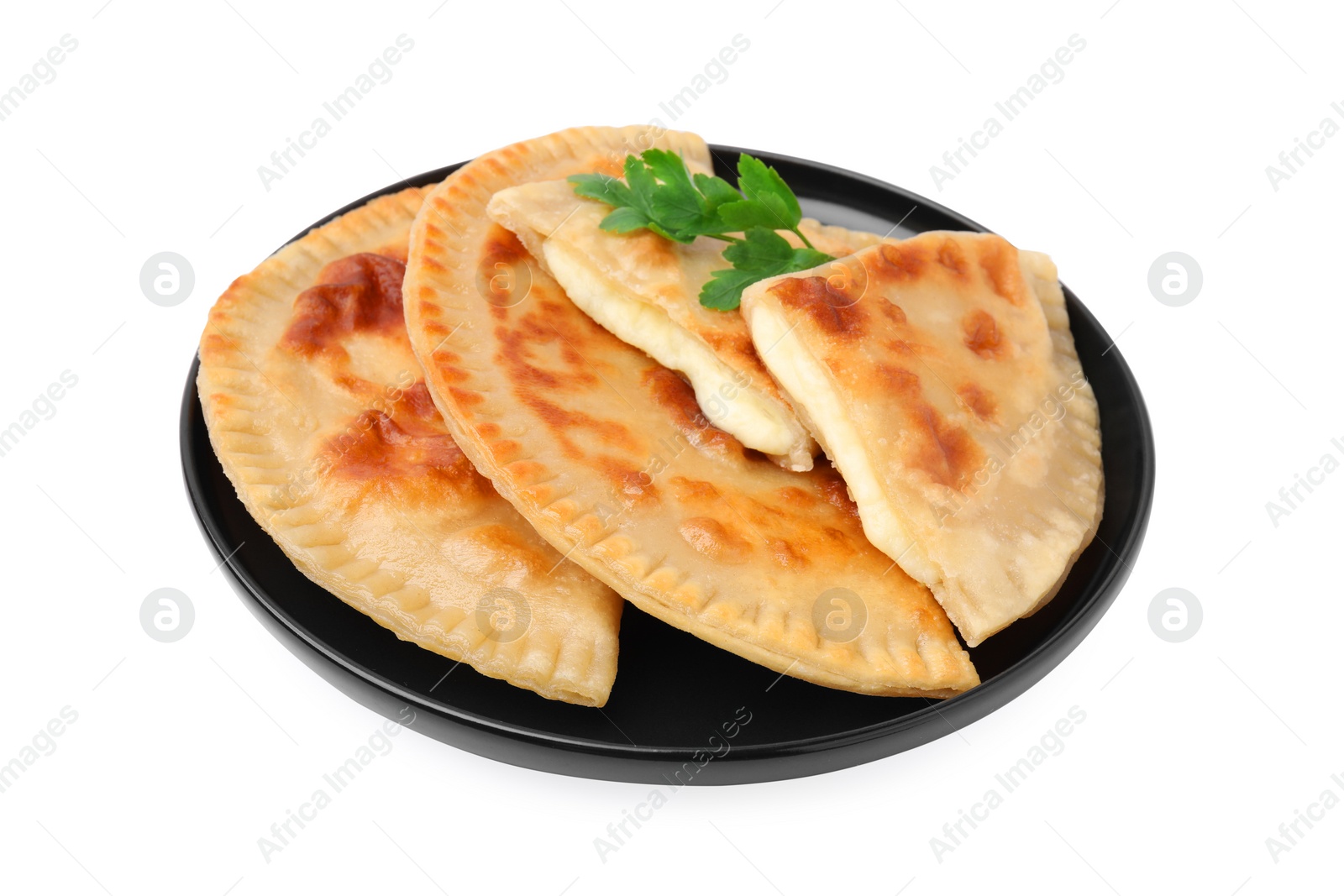 Photo of Delicious fried chebureki with cheese and parsley isolated on white