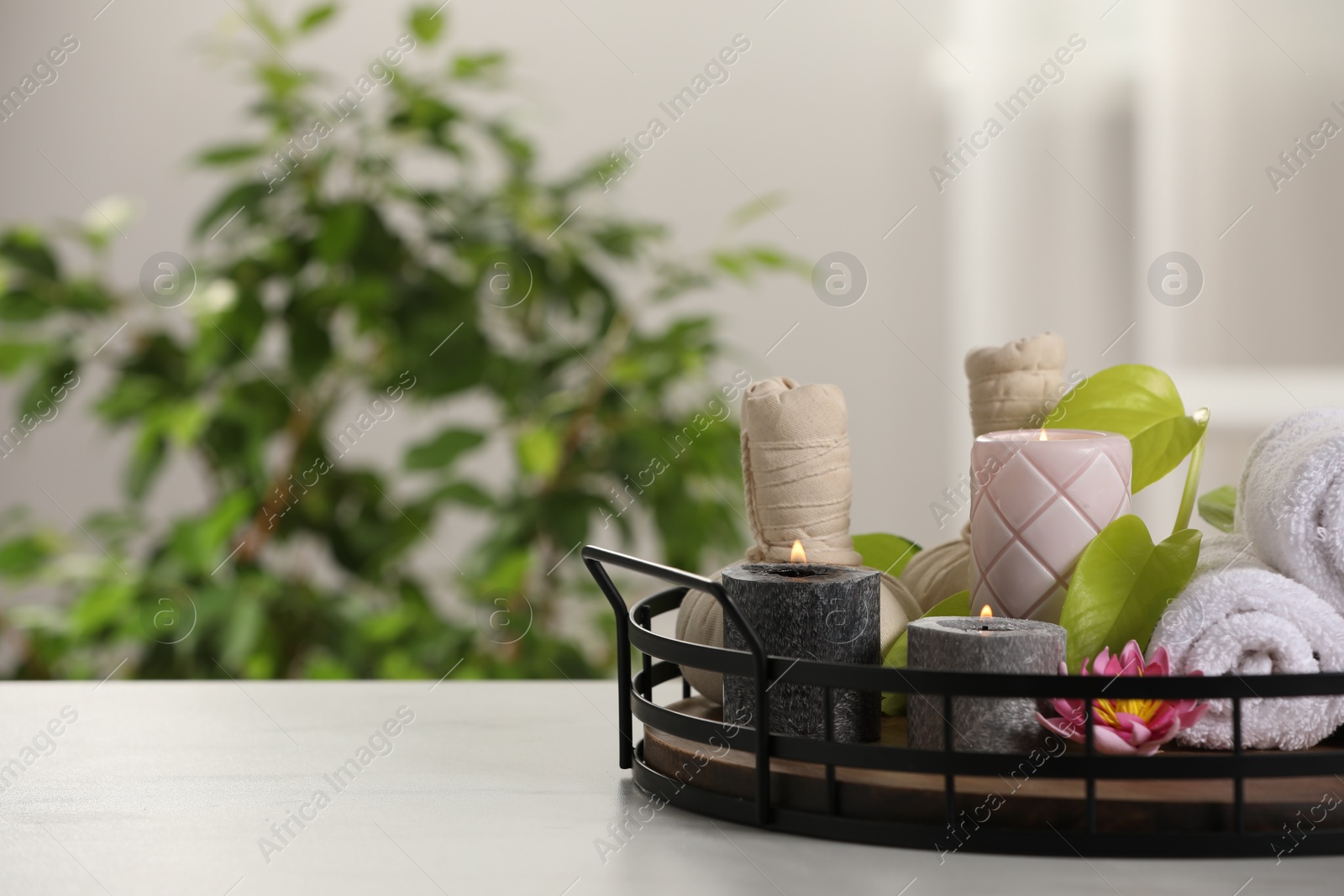 Photo of Composition with different spa products and burning candles on white table indoors, space for text