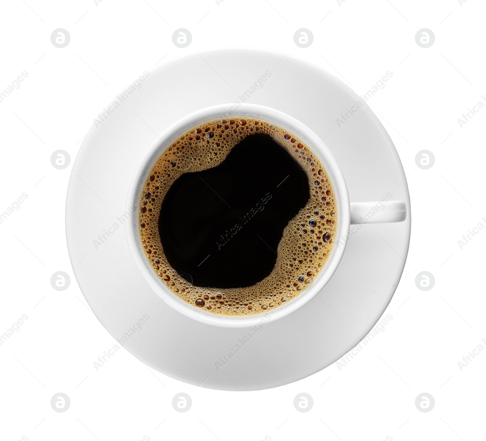 Photo of Cup with delicious hot coffee on white background