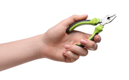 Photo of Woman with combination pliers on white background, closeup