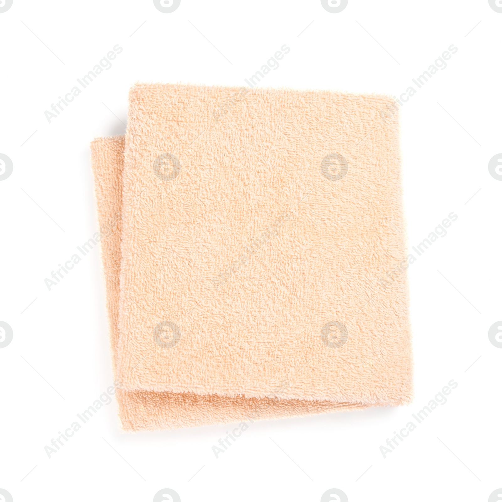 Photo of Soft colorful terry towel isolated on white, top view