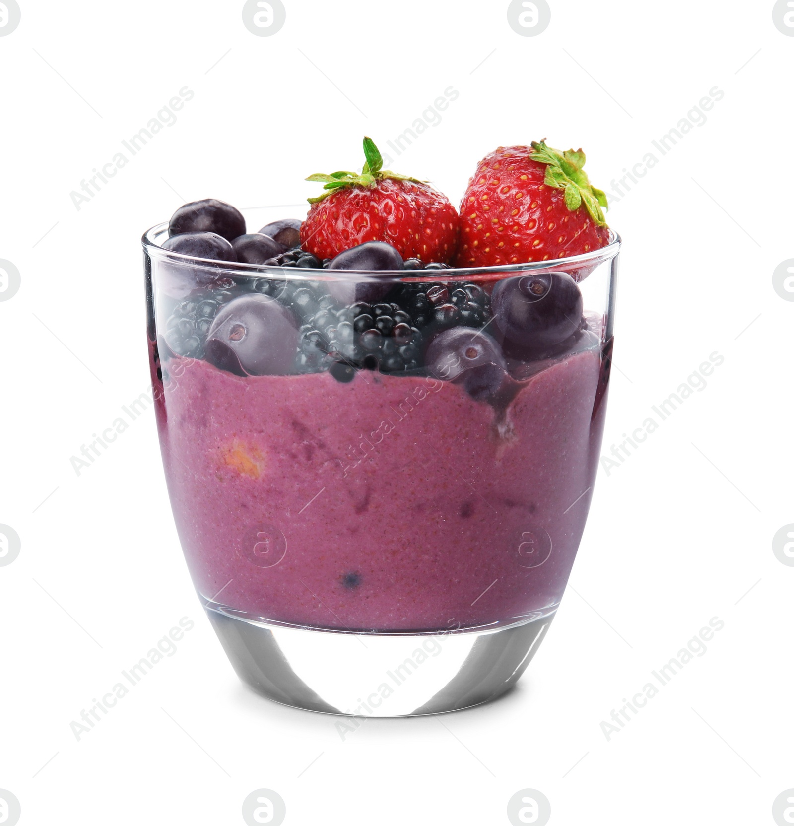 Photo of Glass with tasty acai smoothie on white background