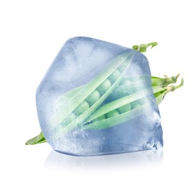 Image of Frozen food. Raw green peas in ice cube isolated on white
