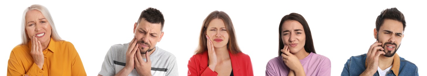 Image of Collage with photos of people suffering from toothache on white background. Banner design