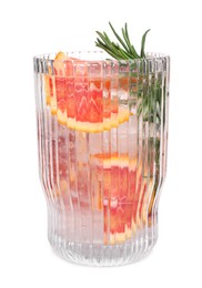 Photo of Delicious refreshing drink with sicilian orange, fresh rosemary and ice cubes in glass isolated on white
