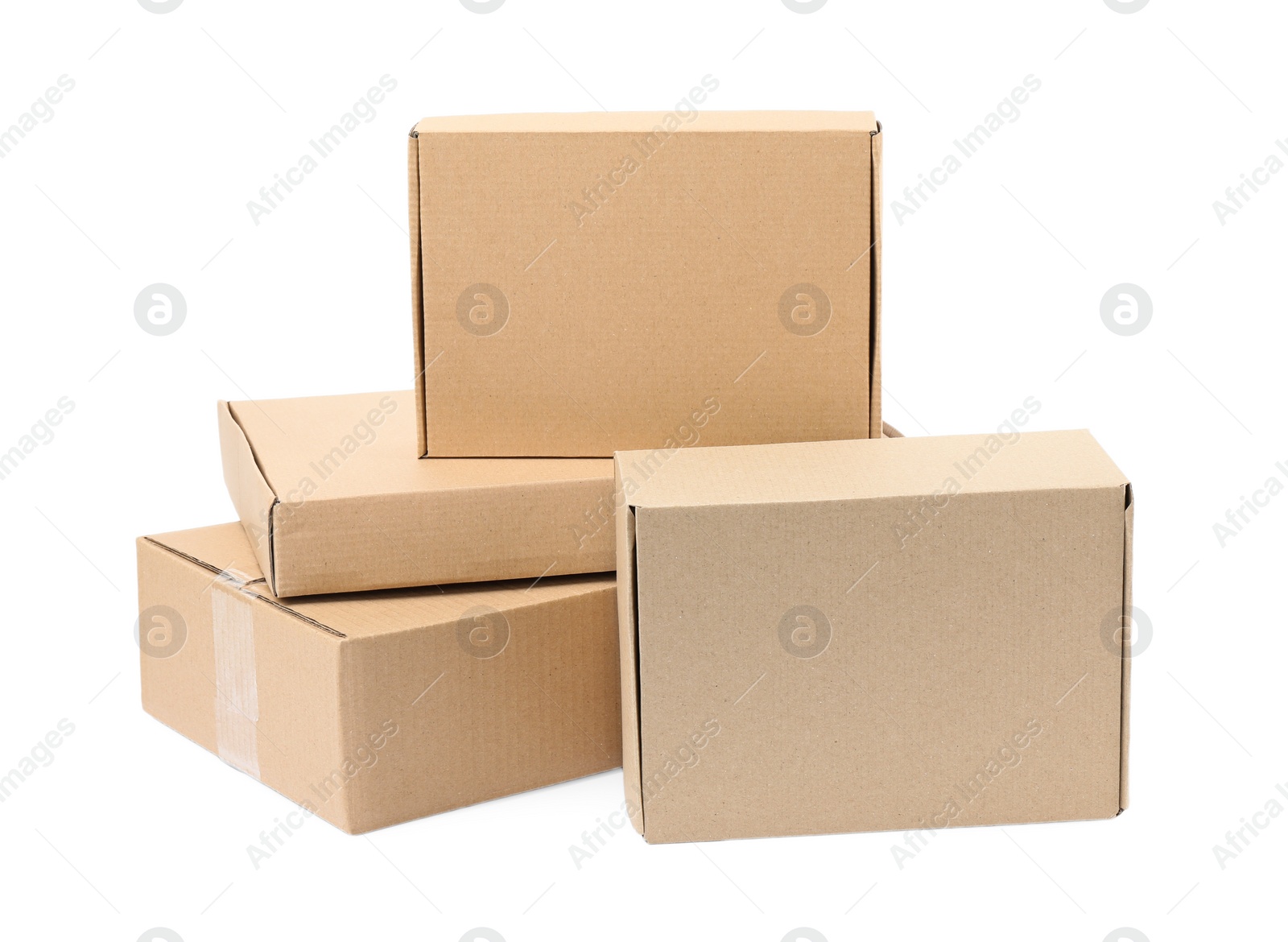 Photo of Pile of cardboard boxes on white background