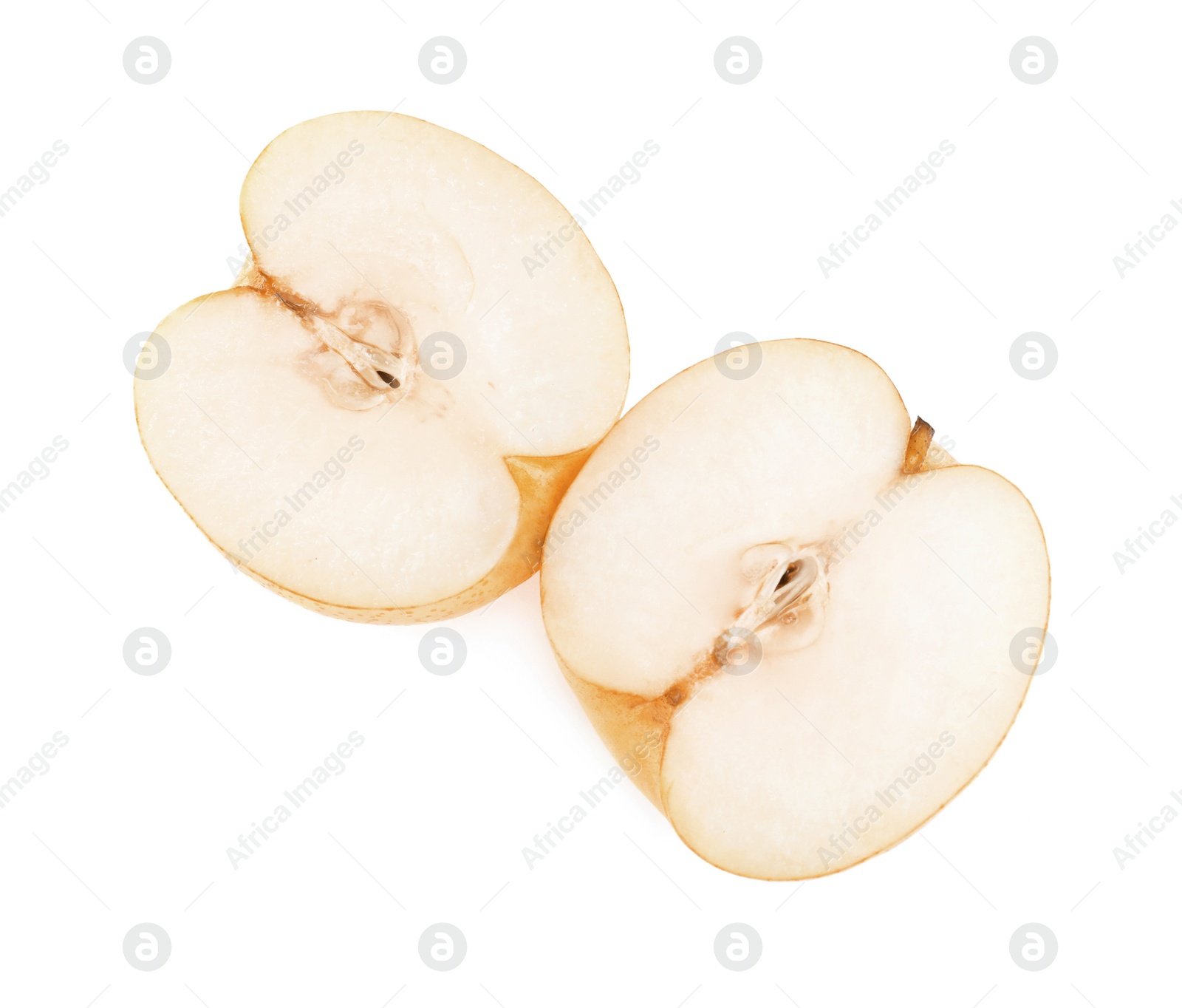 Photo of Cut fresh apple pear on white background, top view