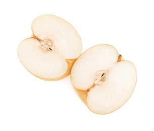 Cut fresh apple pear on white background, top view