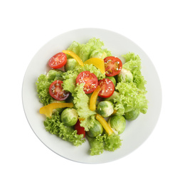 Photo of Tasty fresh salad with Brussels sprouts isolated on white, top view