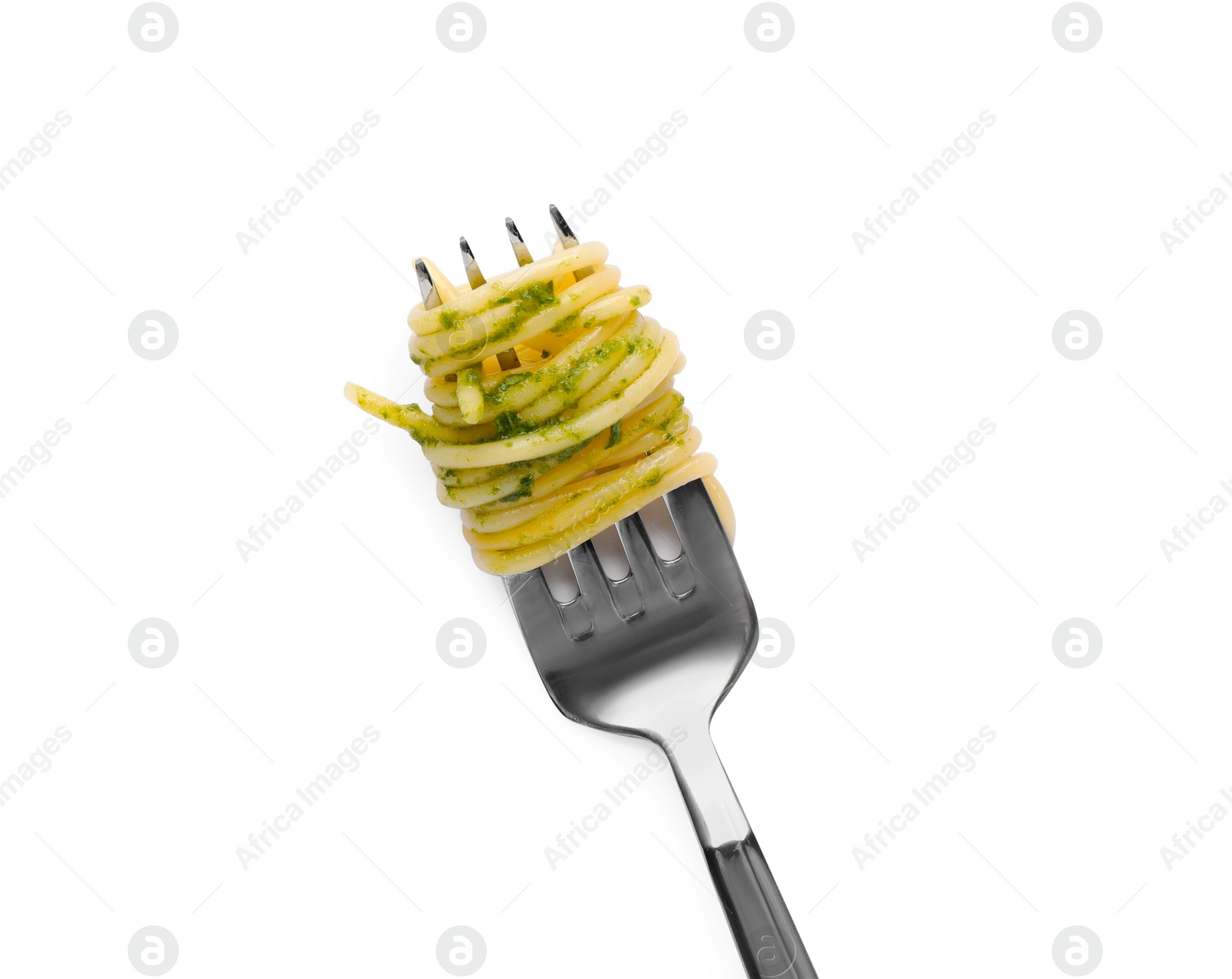 Photo of Fork with tasty pasta isolated on white, top view