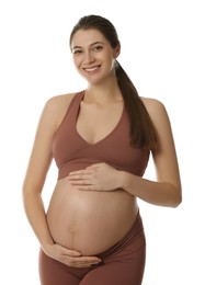 Happy young pregnant woman on white background