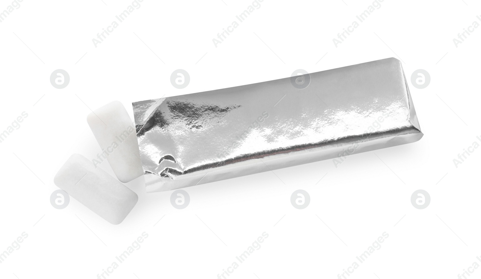 Photo of Tasty chewing gums in silver foil isolated on white