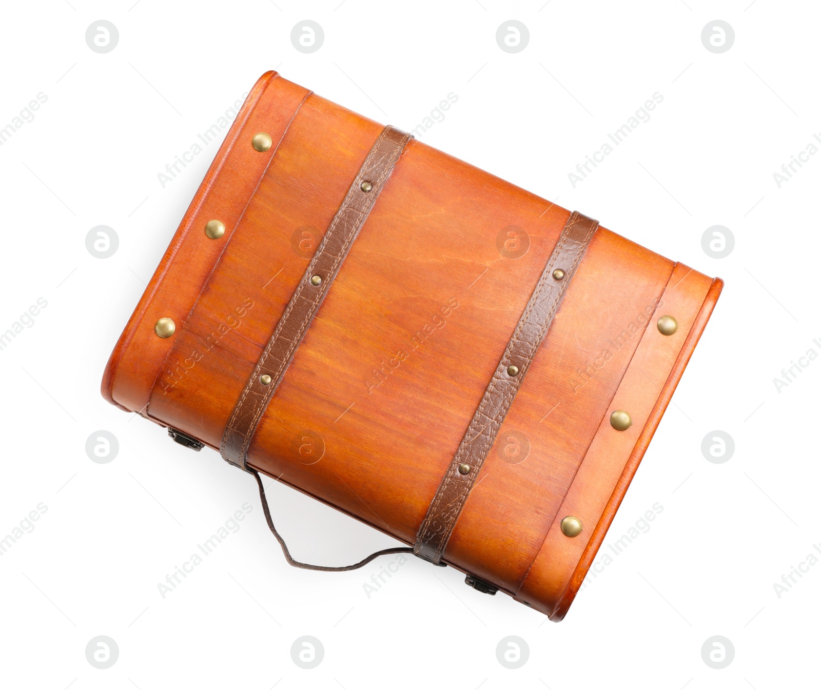 Photo of Beautiful brown suitcase on white background, top view