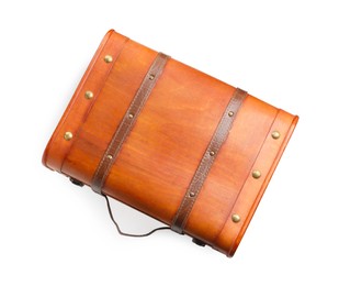 Photo of Beautiful brown suitcase on white background, top view