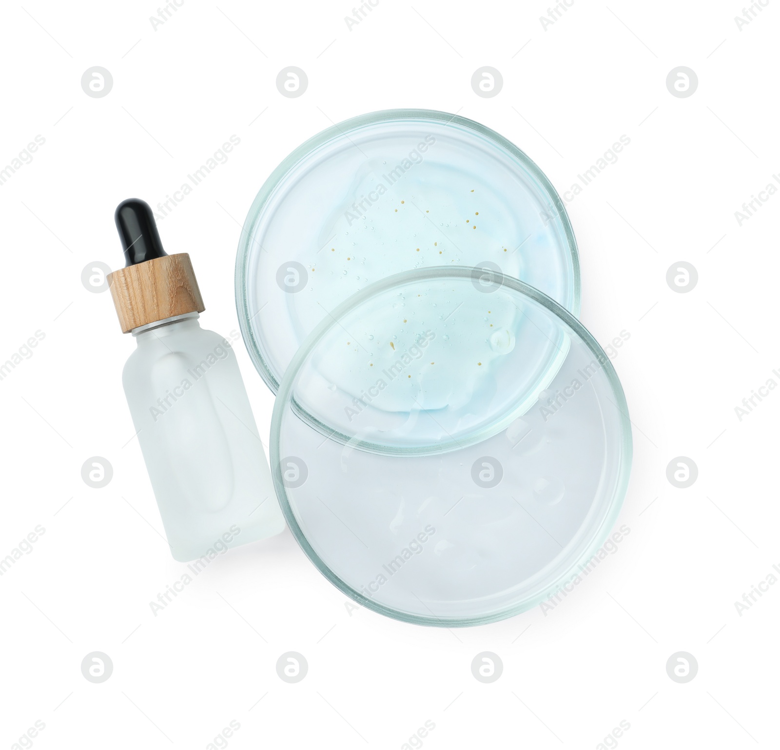 Photo of Petri dishes and cosmetic products on white background, top view
