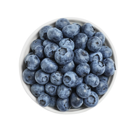 Photo of Fresh ripe blueberries in bowl on white background, top view