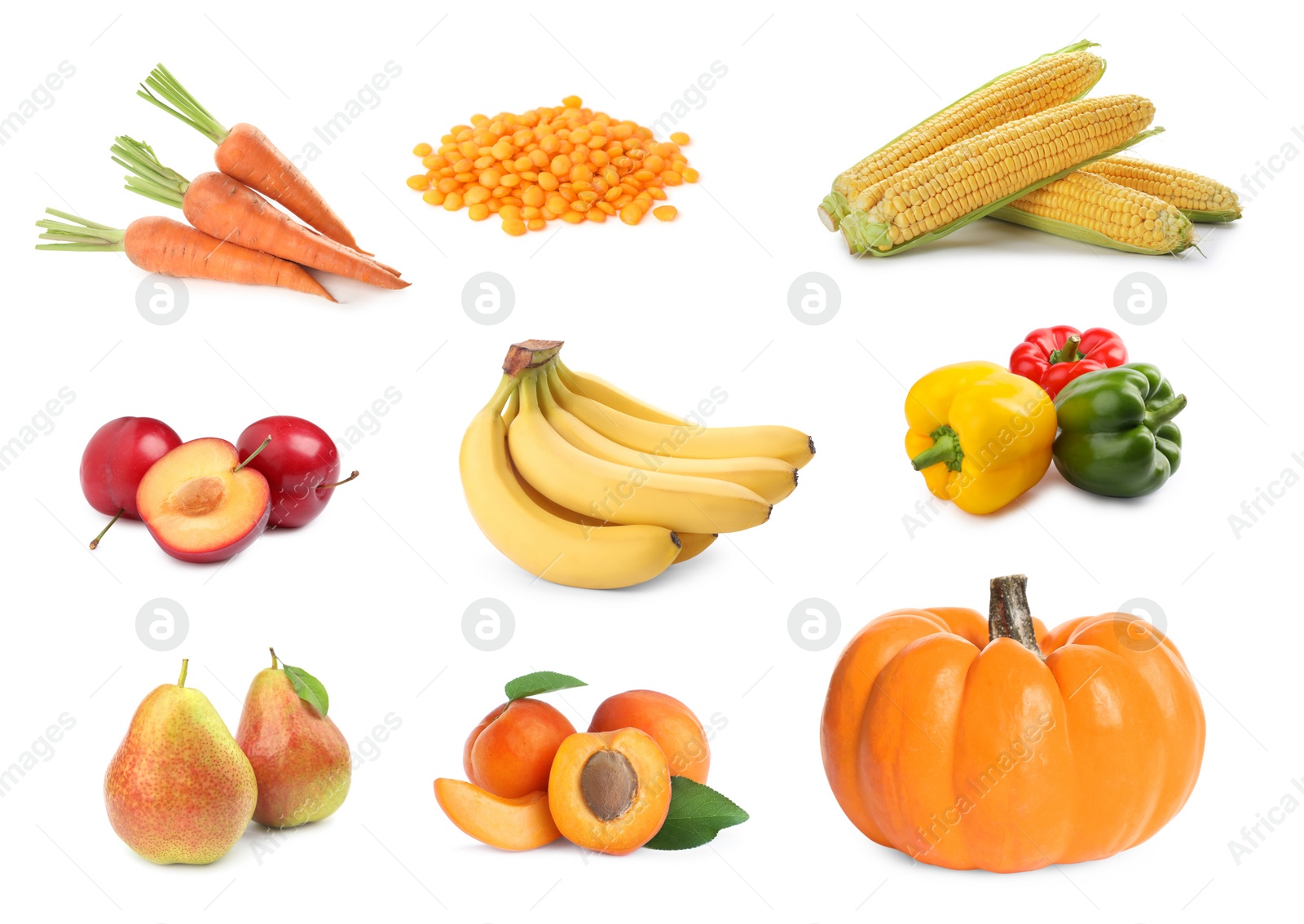 Image of Set with many different fruits, vegetables and pile of lentils on white background
