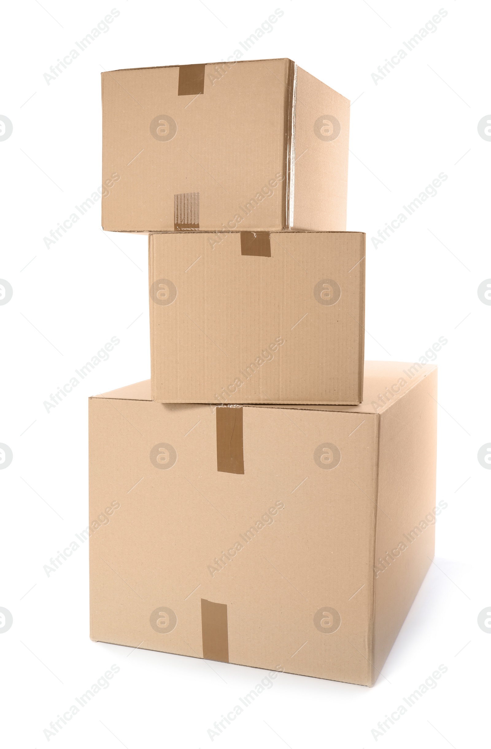 Photo of Cardboard parcel boxes on white background. Mockup for design