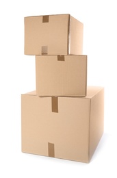 Cardboard parcel boxes on white background. Mockup for design