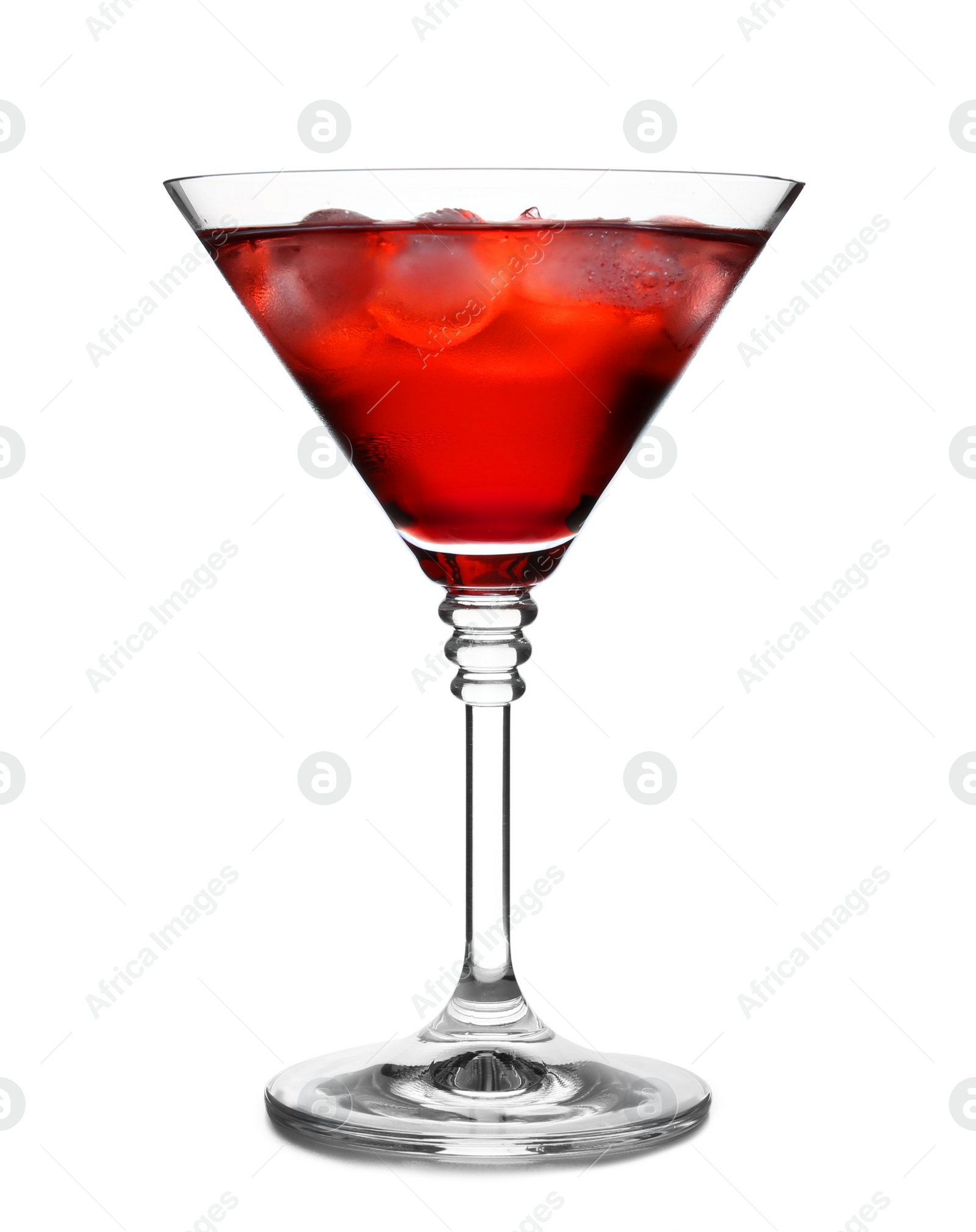 Photo of Glass of martini cocktail with ice cubes on white background