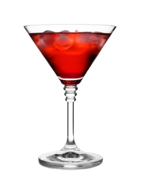 Photo of Glass of martini cocktail with ice cubes on white background