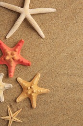Photo of Beautiful sea stars on sand, flat lay. Space for text